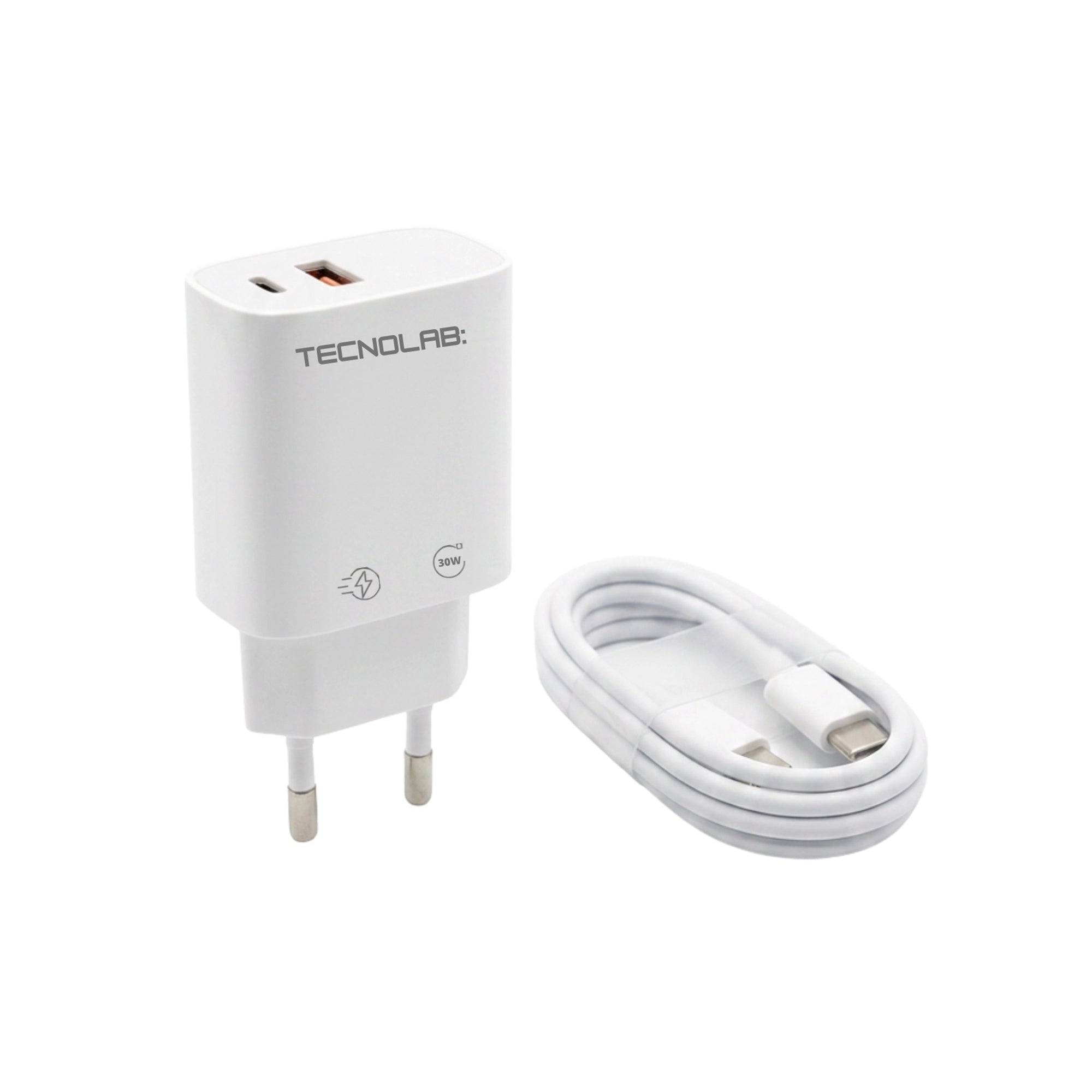 Cargador Tecnolab 20W Carga Rápida USB-C + USB (Incluye cable C a C)