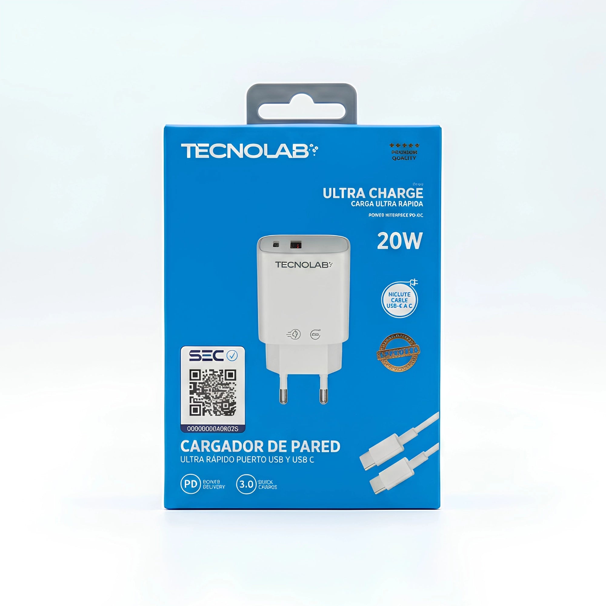Cargador Tecnolab 20W Carga Rápida USB-C + USB (Incluye cable C a C)