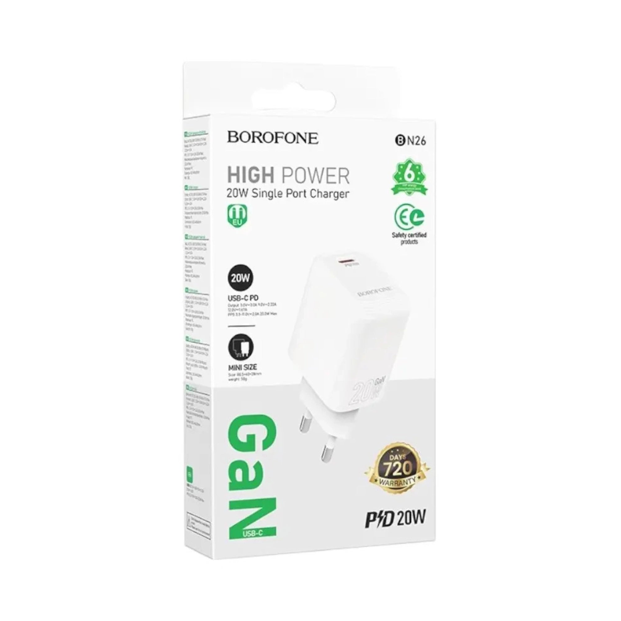 Cargador de Pared Rápido Borofone BN26 GaN 20W USB-C PD
