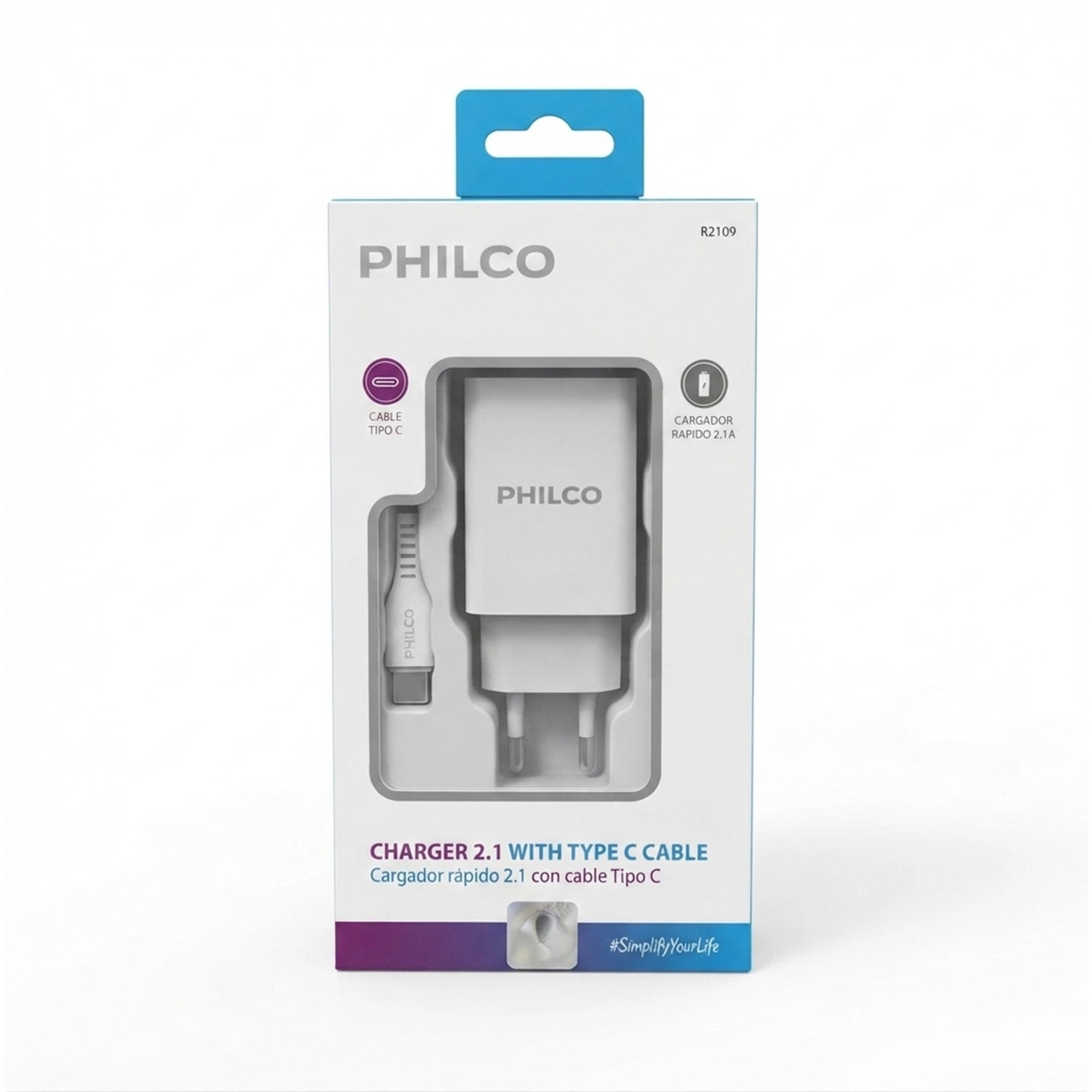 Cargador Philco Doble USB 2.1A con Cable USB-C Blanco