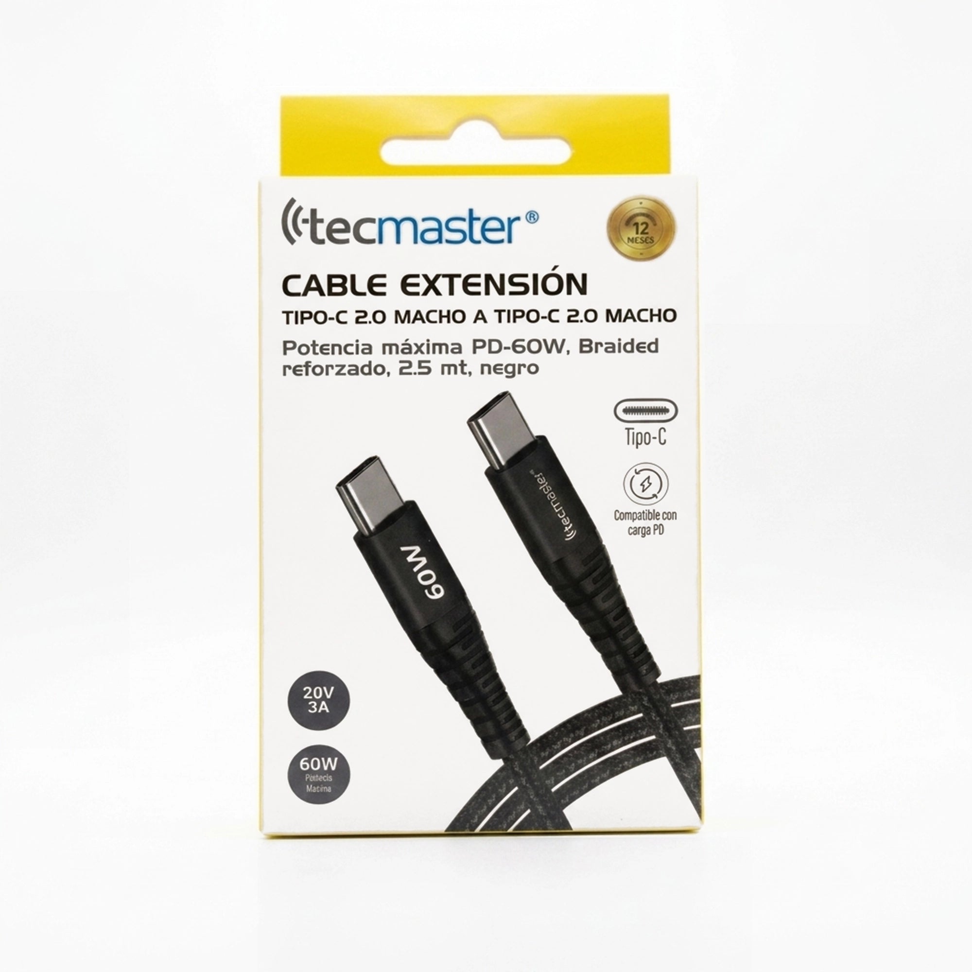 Cable USB-C a USB-C Tecmaster 60W Carga Rápida 2,5 m