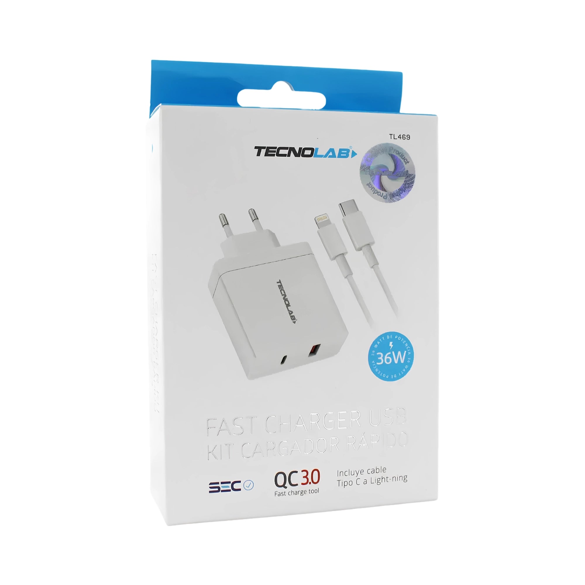 Cargador Rápido Tecnolab 36W USB-C + USB con Cable USB-C a Lightning