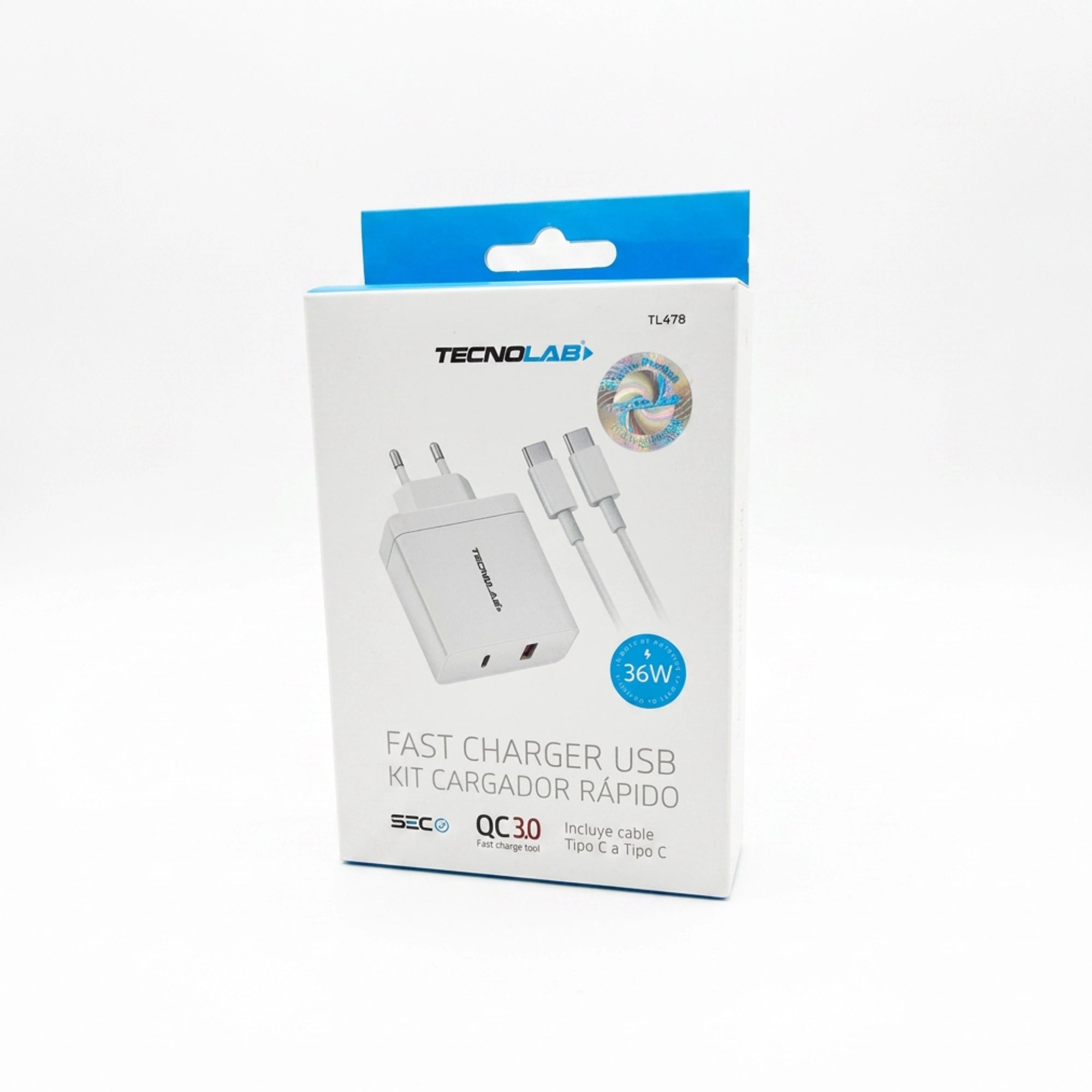 Cargador Rápido Tecnolab 36W USB-C + USB con Cable USB-C