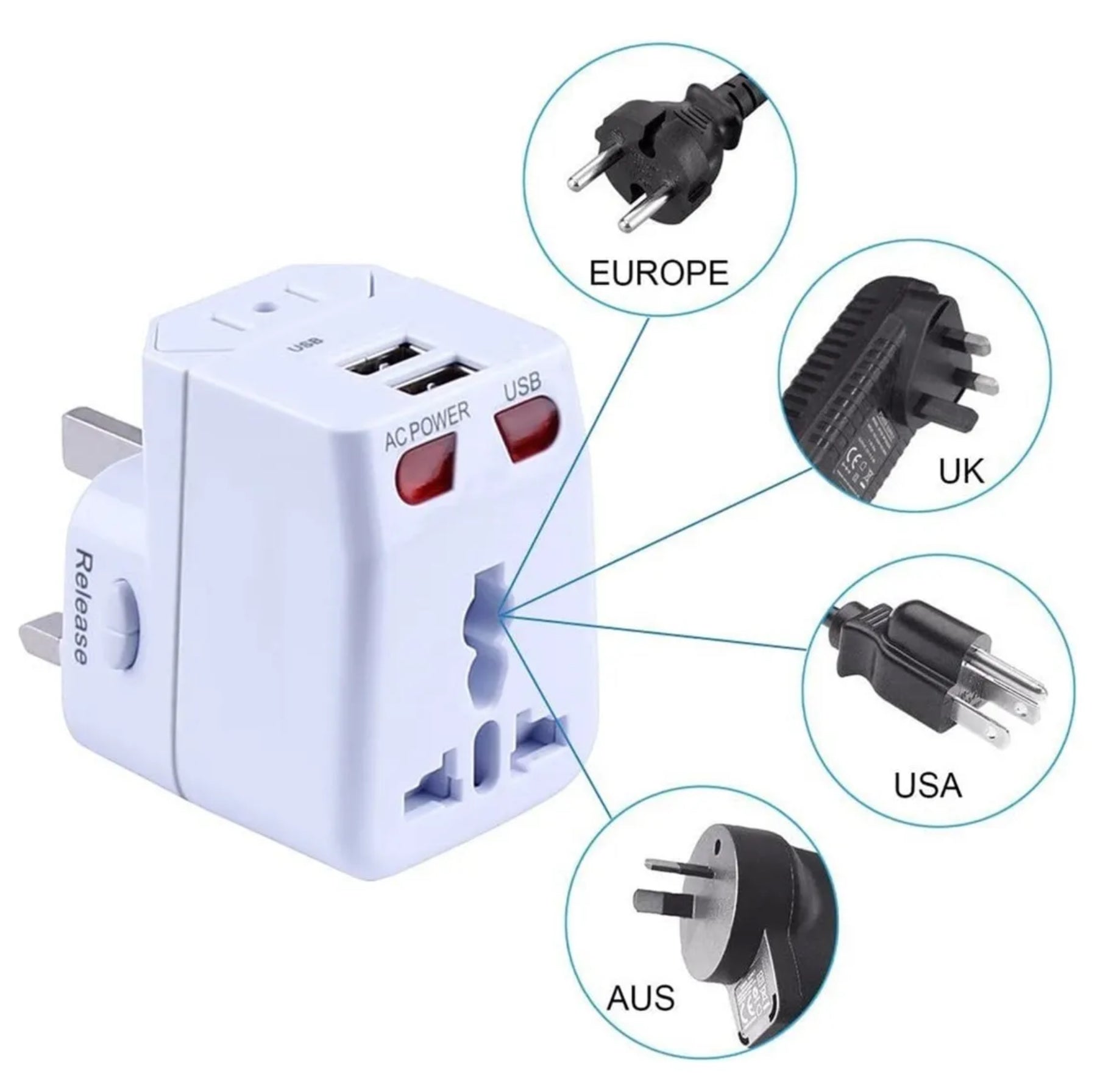 Adaptador Universal para Viajar con Puertos USB
