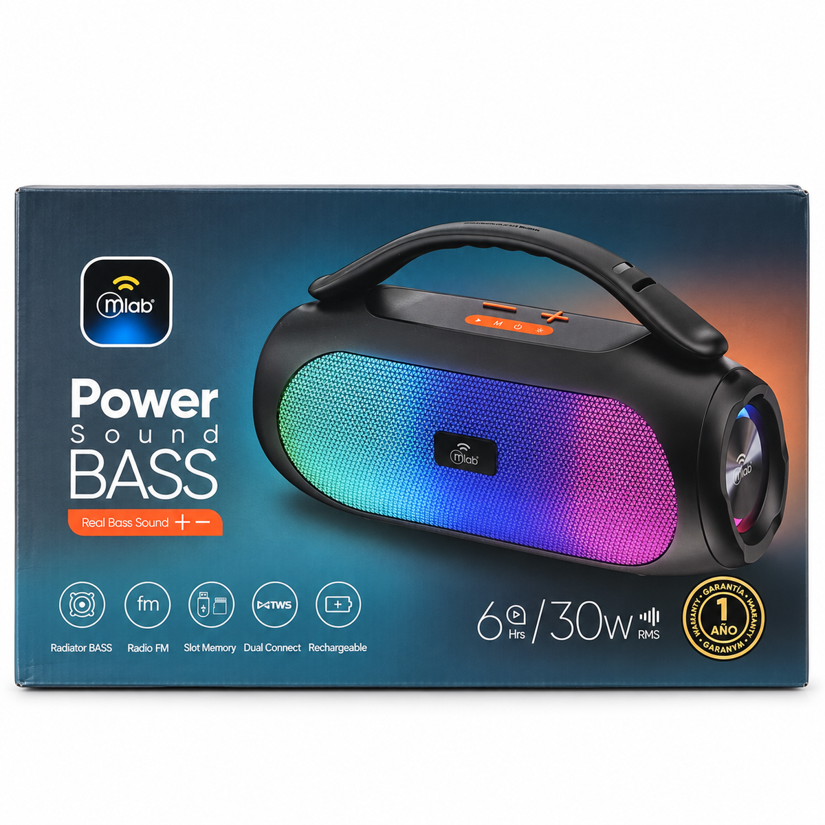 Parlante Bluetooth Mlab Power Sound Bass 30W RGB IPX6 – Negro