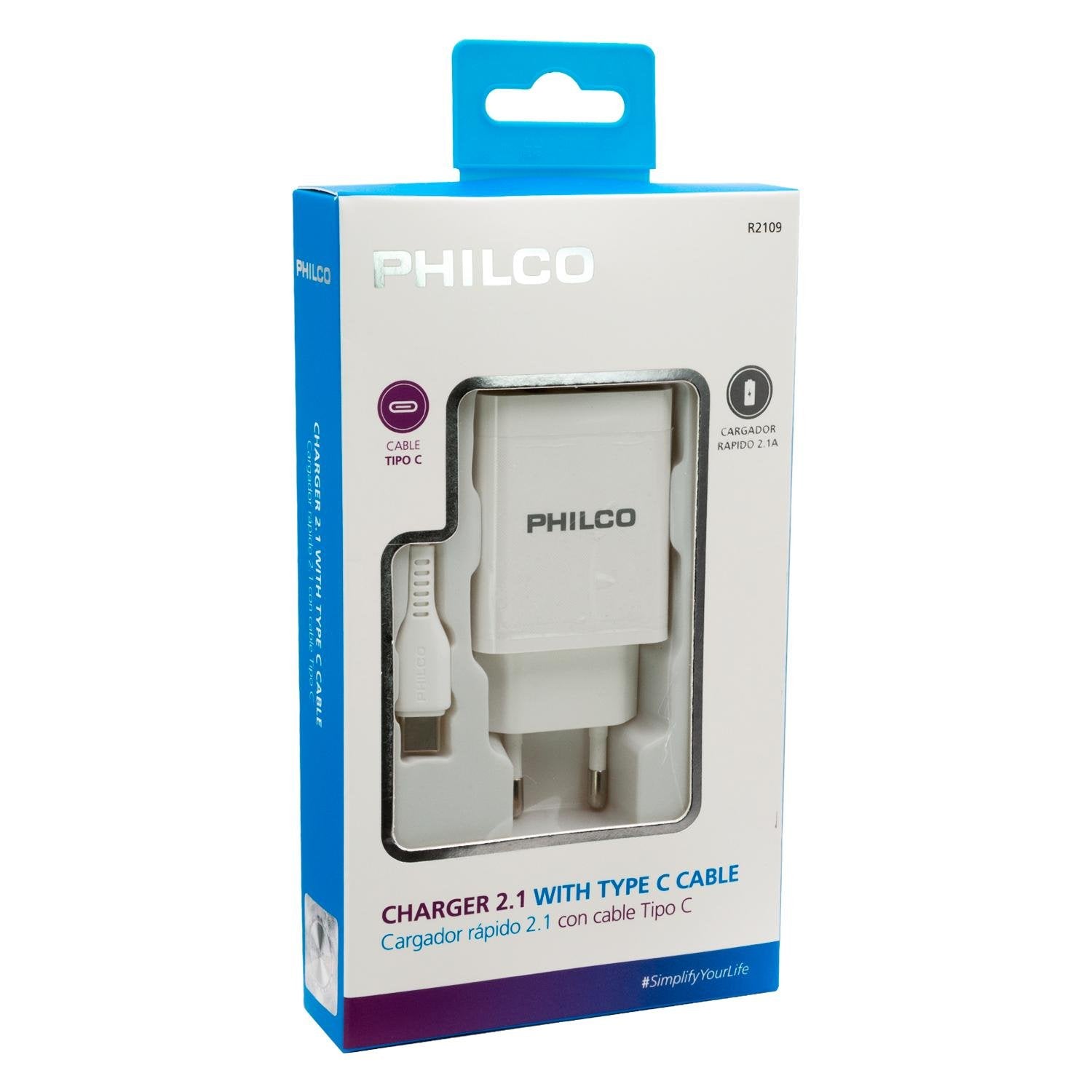 Cargador Philco 2.1A USB a TipoC