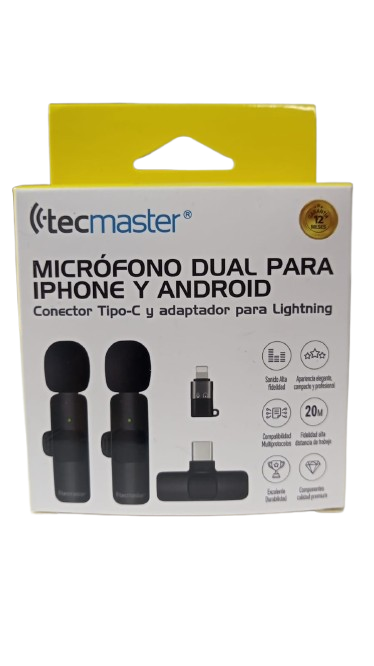 Micrófono Doble Inalámbrico Tecmaster para Android e iPhone