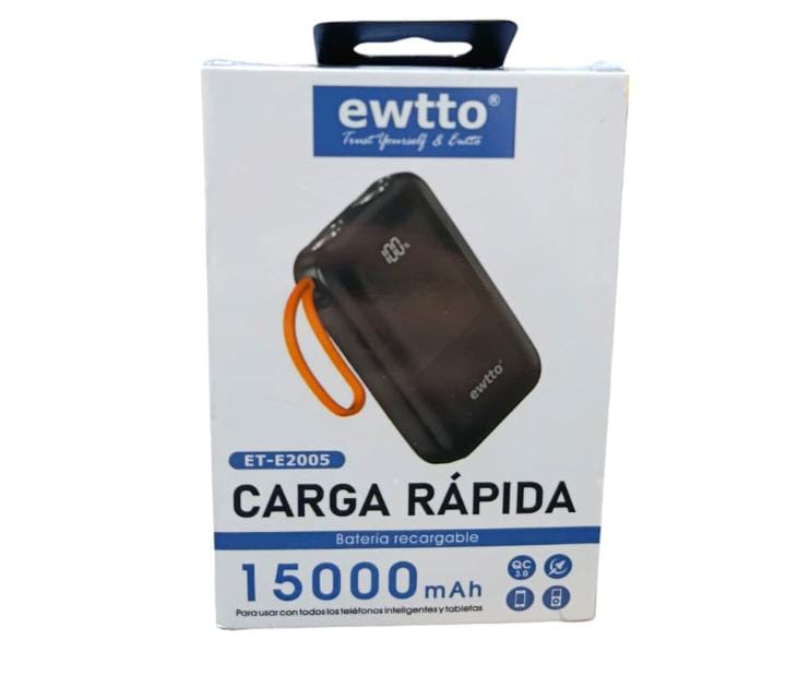 Batería Portátil EWTTO 15.000 mAh – Carga rápida con cables integrados